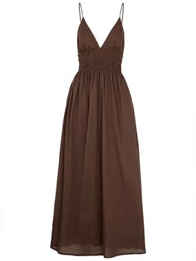 Faithfull the Brand Bisetta Cotton Brown Maxi Dress with Smocked Waist